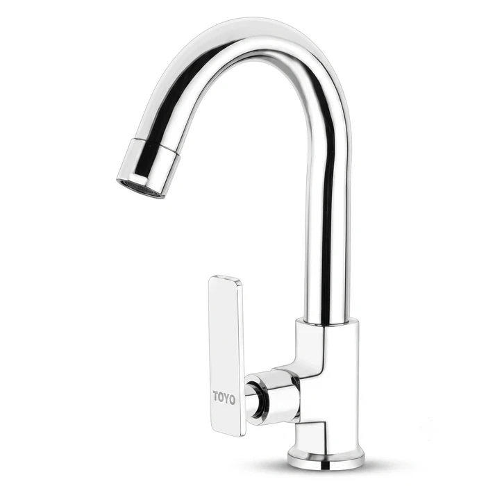TOYO AQ-51923 Swan Neck Faucet | Table Mounted Deck Design | Toyo Premium Chrome Faucet with Regular Swinging High-Arc Spout & Solid Brass Handle