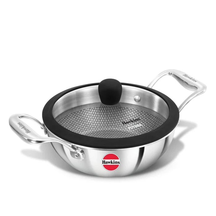 Hawkins Pro 1.5L Honeycomb Nonstick Triply Kadhai with Glass Lid | Extra-Thick 3mm Stainless Steel Even Heat Distribution | Stay-Cool SS Handles Gas & Induction Compatible | PSNK15G