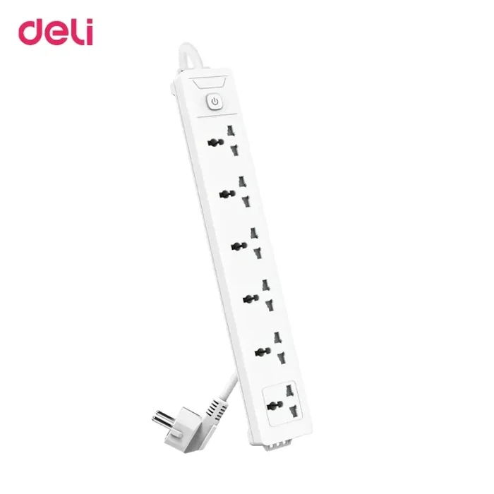 Deli ET405 6-Socket Universal Multiplug Power Strip | 2500W 10A One-Piece Copper Busbar Extension Board | 3-Meter Cable with European 2-Pin Master Switch