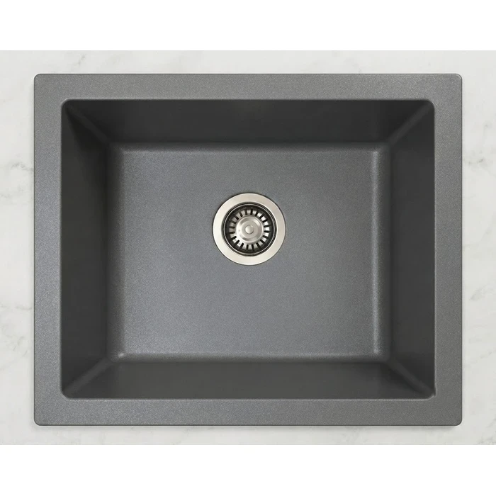 TOYO-24182 Metallic Dark Grey Quartz Sink | 24x18 Inch Scratch-Resistant Kitchen Basin | Premium Quartz Marble Composite Workstation with Marine-Grade SS 304 Waste Coupling Matrix