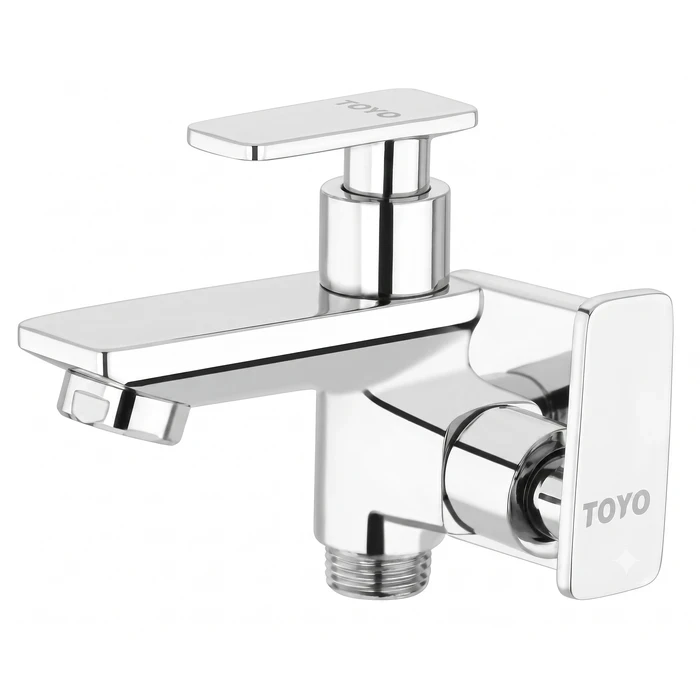 TOYO AQ-51903 2 Way Bib Cock | Dual Outlet Utility Design | Toyo Premium Chrome Solid Brass Two-Way Tap with Double Brass Handles & Matching Wall Flange