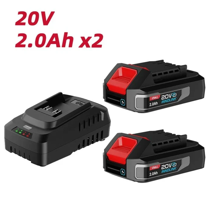 Deli Tools EDE-CM20A2E 21V Lithium-Ion Battery & Fast Charger Set | 2-Pack 2.0Ah Cordless Power Pack System with 1-Hour Quick Charger | 21V Dual Battery Kit