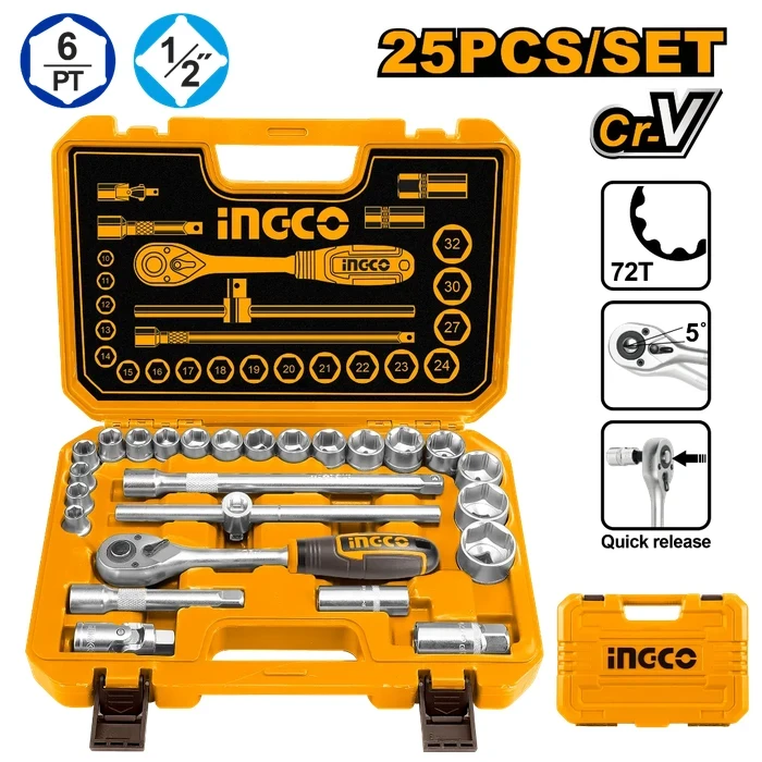 INGCO HKTS12251 25-Piece 1/2" Drive Metric Socket Set | 50BV30 Chrome Vanadium Steel 72T Quick-Release Ratchet, 10-32mm Sockets & Heavy-Duty Carry Case