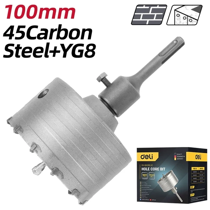 Deli Tools EDH-QKK100-E1 TCT Hole Core Bit | 100mm Diameter 220mm Length SDS-Plus Masonry Crown Drill for Concrete, Brick & Foam Walls
