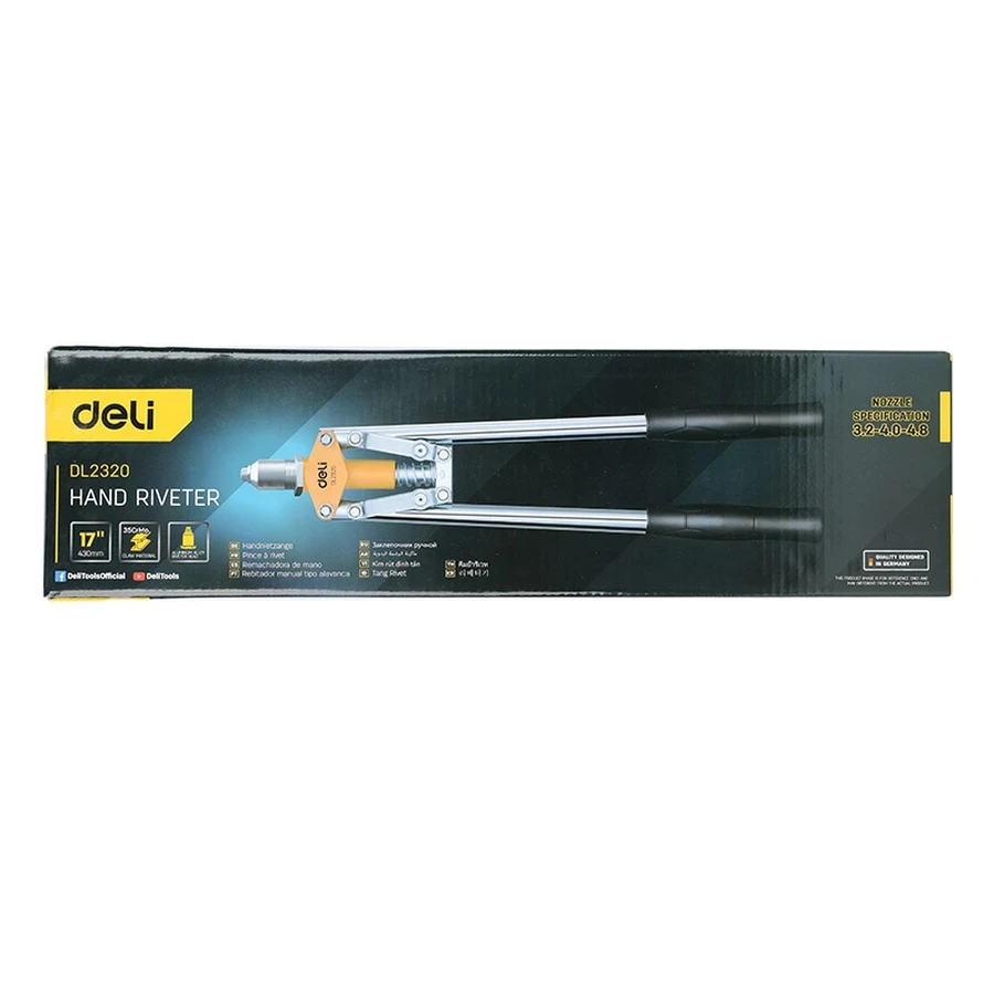 EDL2320 Professional Hand Riveter 17" - High-Strength Cr-Mo Steel Body, Aluminum Alloy Head, 35CrMo Claw, Includes 3.2mm, 4.0mm, and 4.8mm Nozzles (Yellow)