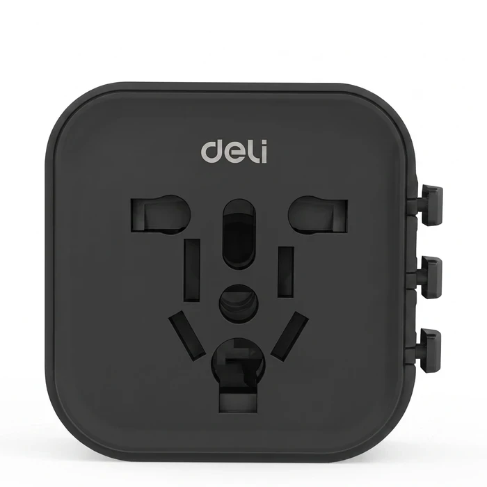 Deli ET765 All-in-One Universal Travel Adapter | Fused International Power Converter | 750°C Fireproof EU/UK/US/AU Retractable Plug