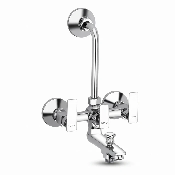 Toyo AQ-51911 3-in-1 Wall Mixer | Solid Brass Construction | Premium Chrome Multi-Way Shower Valve with Long Bend Pipe, Connecting Brass Legs & Wall Flanges