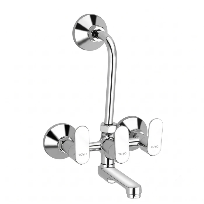 TOYO CO-52110 2 in 1 Wall Mixer | Solid Brass Body & Internals | Premium Chrome Dual Outlet Shower Valve with Long Bend Pipe, Connecting Brass Legs & Wall Flanges
