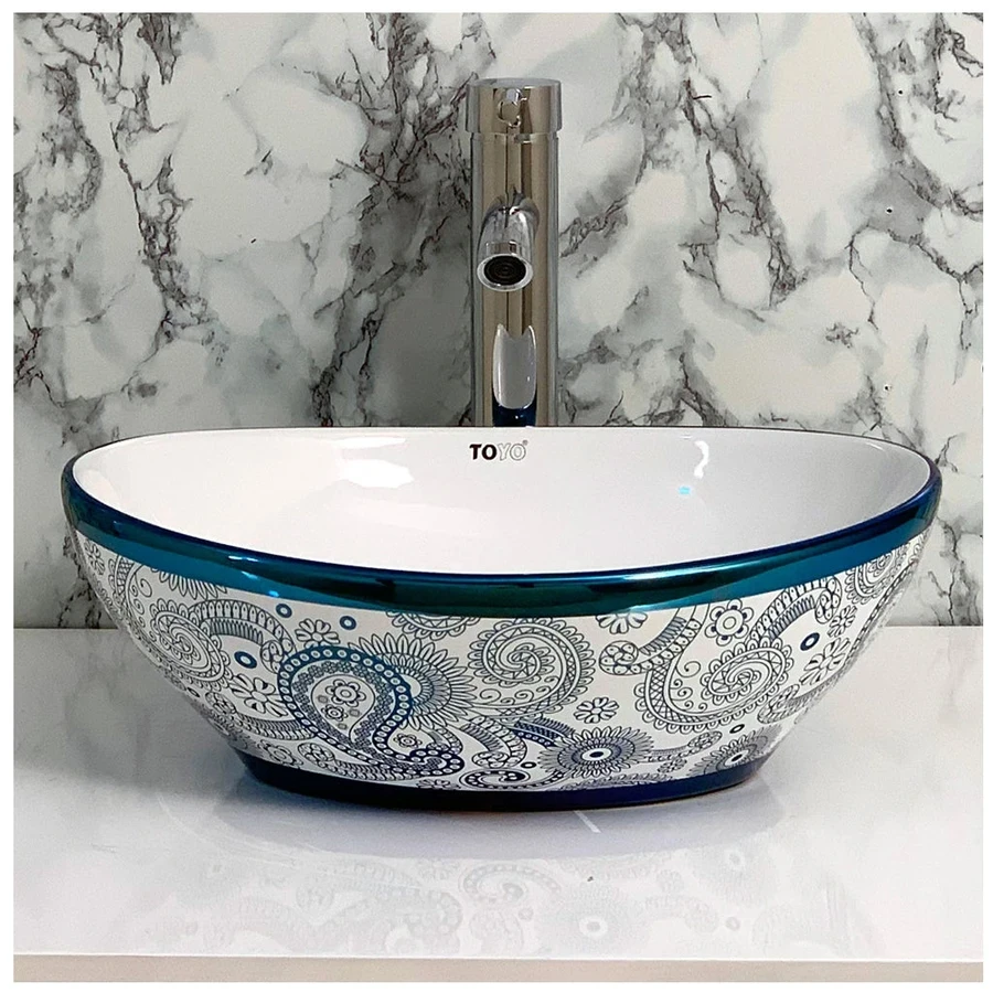 Toyo Poppy 193 Wash Basin - White & Blue Dual-Tone Finish (410 x 330 mm, 17x13 Inch)