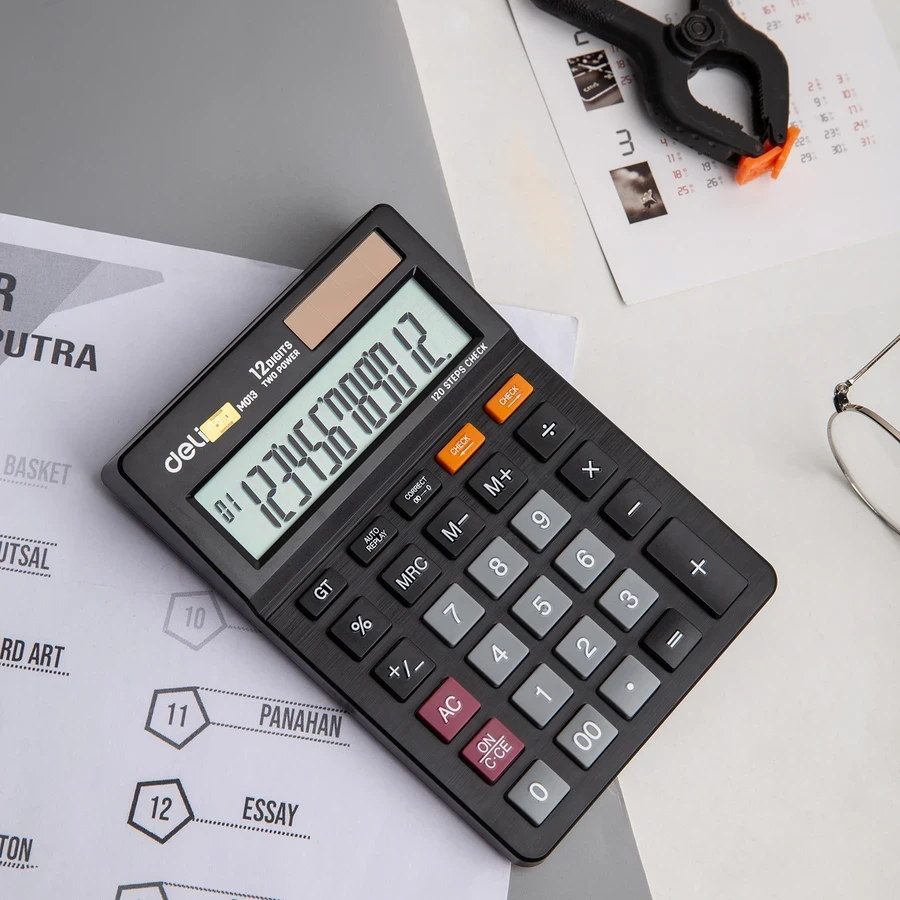 Deli Desktop Calculator EM01320 - 12 Digits, Black Plastic Body, with Accurate 120 Steps Check Function