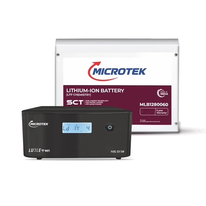 Microtek Luxe WiFi 1400 Pure Sine Wave Inverter & 100Ah 12.8V Lithium-Ion Battery Combo | Smart App-Monitored Maintenance-Free Power System | MLB1280060