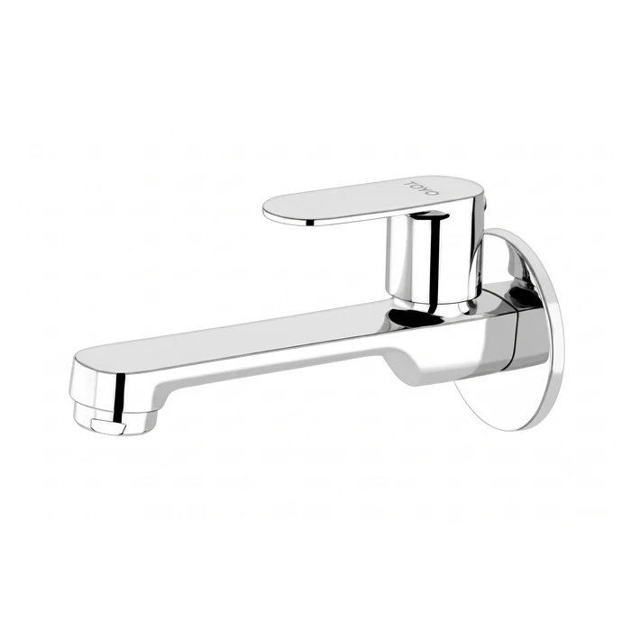TOYO CO-52102 Long Body Bib Cock | Extended Reach Solid Brass Construction | Premium Chrome Wall-Mounted Single Water Tap with Operating Handle & Matching Wall Flange