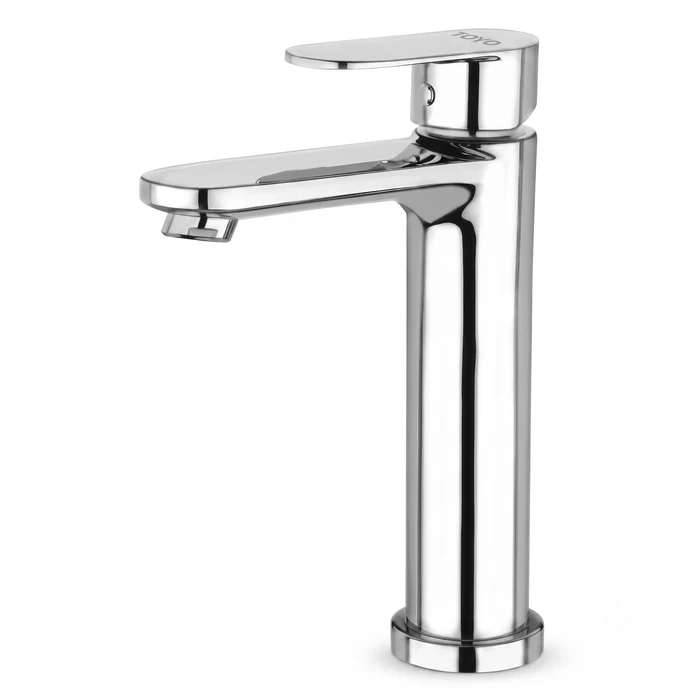 TOYO CO-52108 Single Lever Basin Mixer | Premium Solid Brass Construction | Chrome Table-Mounted Hot & Cold Washbasin Faucet with Long Spout, Inbuilt Flange Collar & 600 mm Braided Hoses