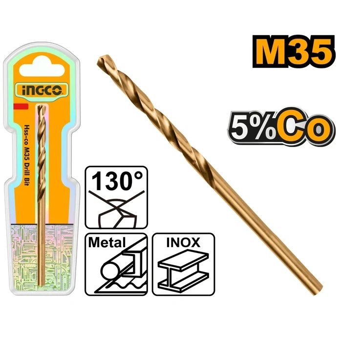 INGCO M35 HSS-Co Cobalt Metal Drill Bit | 5% Cobalt Premium High Speed Steel Straight Shank Boring Tool for Stainless Steel and Hardened Metals
