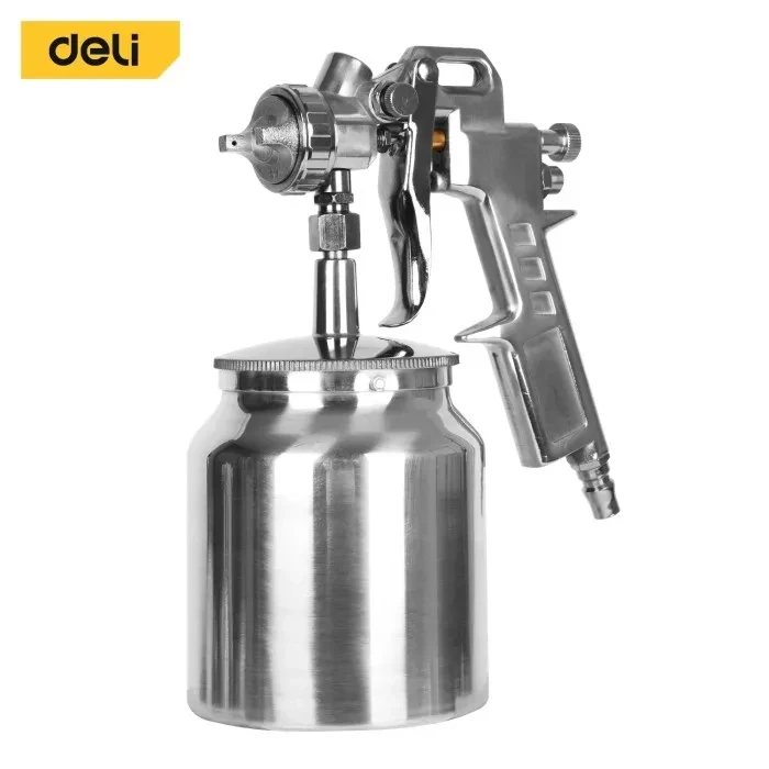 Deli Tools EDL-QPQ-990S Pneumatic Air Spray Gun | 750ml Lower Tube Siphon Paint Sprayer with 2.5mm Nozzle, Solid Copper Atomizing Cap & Die-Cast Aluminum Body