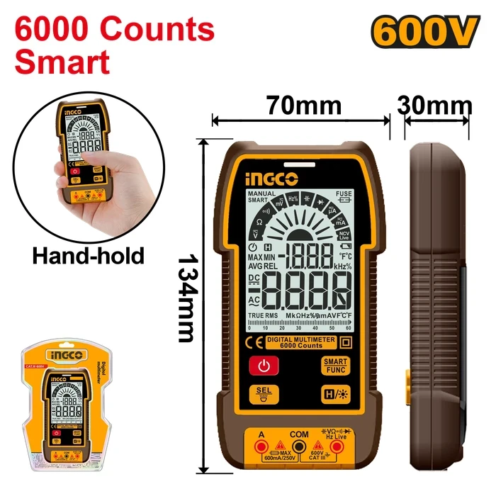 INGCO Professional Smart True RMS Digital Multimeter | 6000 Counts High-Precision Auto-Ranging Electrical Tester with NCV Detection & Input Jack LED Guides