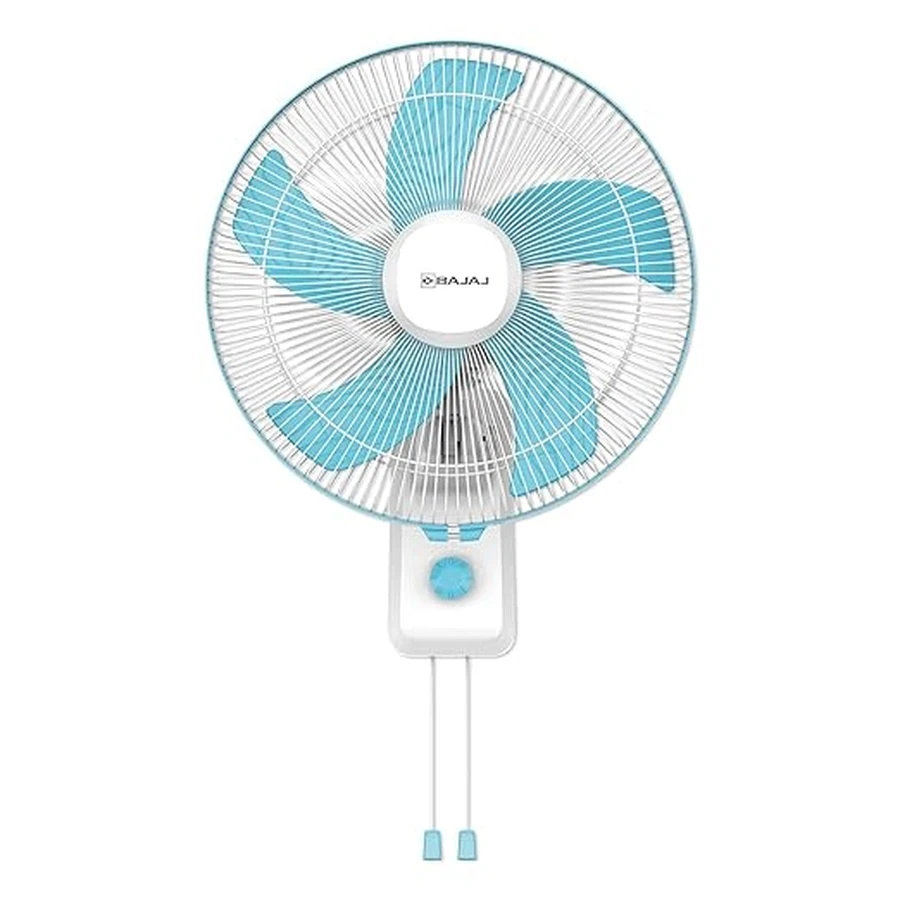 Bajaj PentaRobusto 16" Wall Fan | High-Performance Shield Series Motor & 5 Aerodynamic Blades | Pull-Cord Regulation & Gloss Finish | Icy Blue & White | 252110