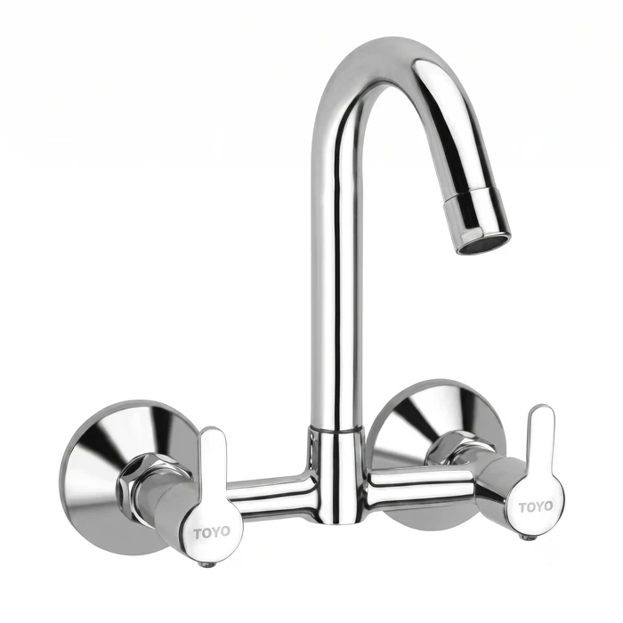 TOYO SA-52219 Sink Mixer | Solid Brass Construction | Premium Chrome Wall-Mounted Kitchen Faucet with Regular Swinging Swivel Spout, Dual Operating Handles & Connecting Brass Legs