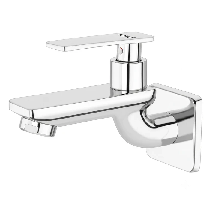 TOYO AQ-51902-B Long Body Bib Cock | Extended Reach Solid Brass Construction | Premium Chrome Wall-Mounted Single Water Tap with Brass Handle & Matching Wall Flange