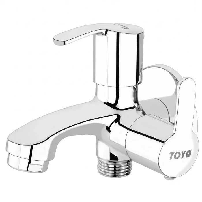TOYO SA-52203 2 Way Bib Cock | Dual Outlet Utility Design | Toyo Premium Chrome Solid Brass Two-Way Tap with Double Operating Handles & Matching Wall Flange