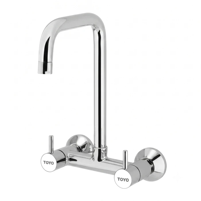 TOYO RU-51320 Sink Mixer Extended | Solid Brass Body | Premium Chrome Wall-Mount Faucet with Long Extended Swinging Spout, Dual Handles & Connecting Legs