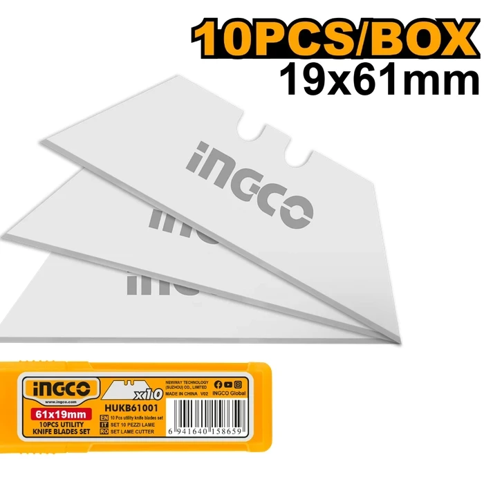 INGCO HUKB61001 10-Piece Utility Knife Blades Set | Universal 61x19mm Heavy-Duty SK5 Carbon Steel Trapezoidal Razors with Compact Storage Dispenser