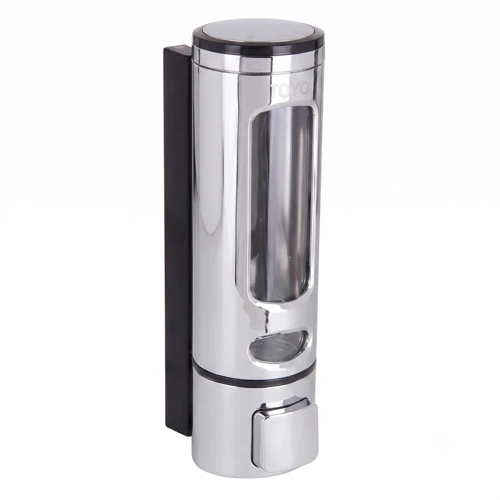 TOYO-1613 Manual Soap Dispenser | 380 ml Fluid Capacity | Premium Chrome & Black Wall-Mounted Hand Sanitizer & Liquid Soap Pump with Metered 1ml Drop Control Matrix