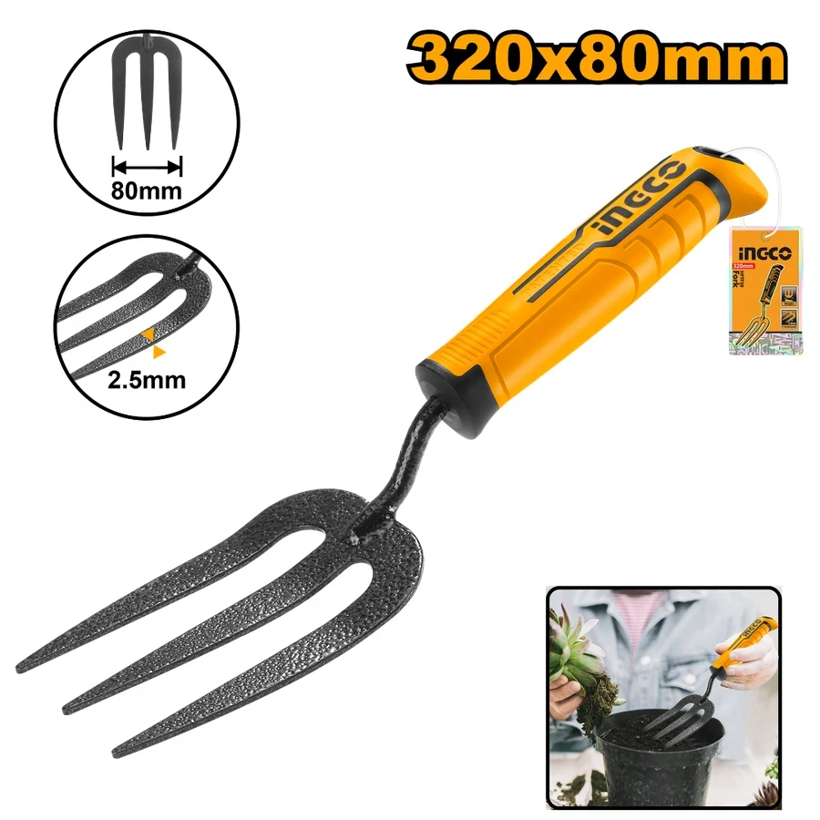 INGCO 320mm Gardening Hand Fork | Carbon Steel | Patent Design | HFTF38
