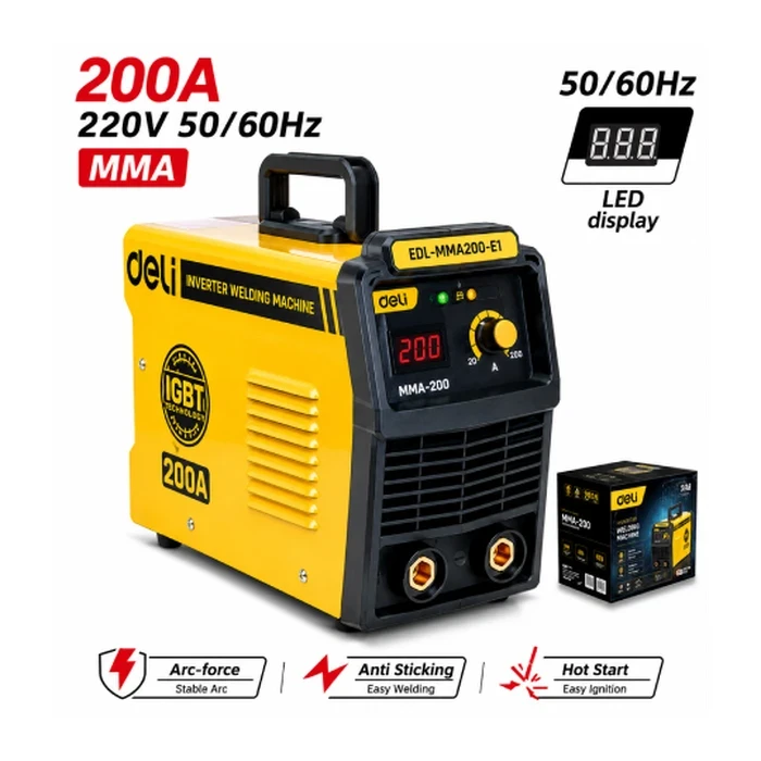 Deli Tools EDL-MMA200-E1 200A Inverter MMA Welding Machine | Heavy-Duty Industrial IGBT Stick Arc Welder with Intelligent Overload Protection