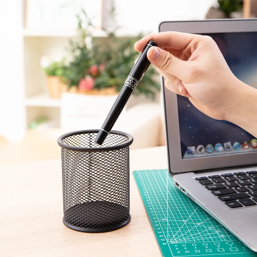 Deli Classic Pen Holder - Black E9172, Cylindrical Design (91mm Diameter x 98mm Height), for Office and Home
