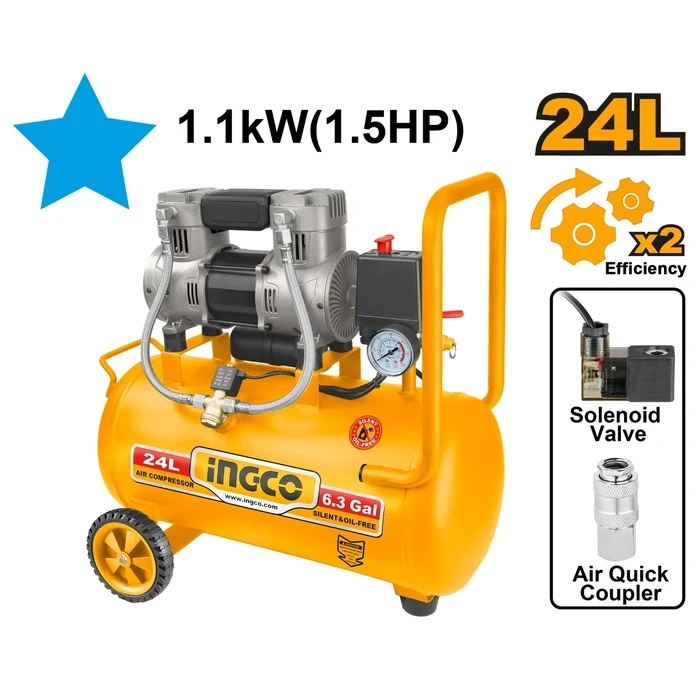 INGCO Oil-Free Air Compressor 24L | 1100W 1.5HP Ultra Quiet 67dB Motor | Max 8Bar 2850rpm Professional Pneumatic Tool Station | 220-240V Workshop Ready | ACS111242