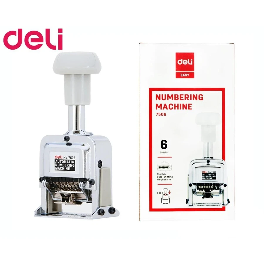 Deli Automatic Numbering Machine E7506 - 6 Digits Capacity, Perfect for Sequential Document Stamping in Office and Schoo