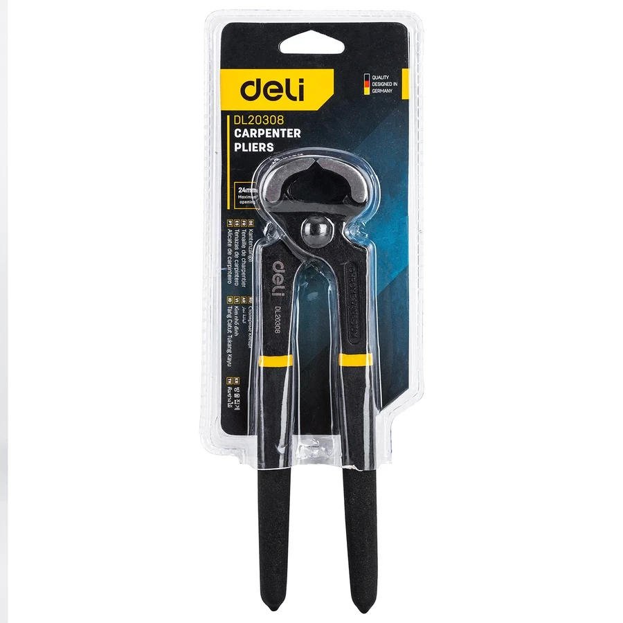 EDL20308 Professional Carpenter's Pincers 8" - High-Temperature Quenched Carbon Steel, Max 24mm Opening, Secure & Tight Clamping for Nail Pulling (Black)