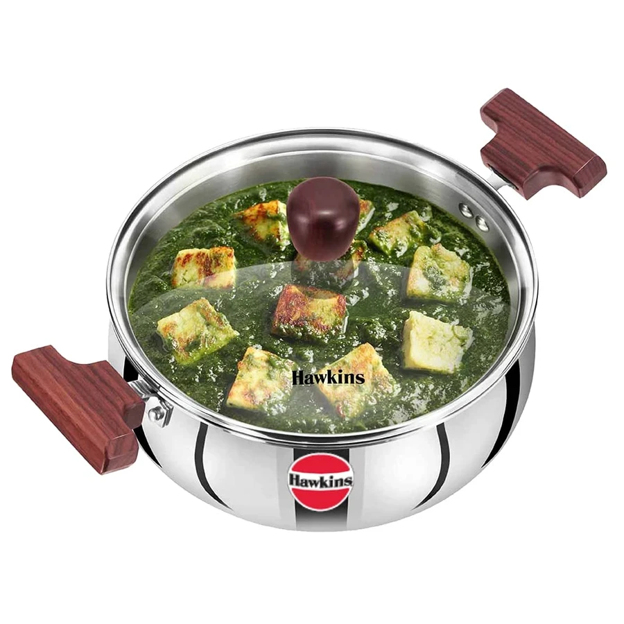 Hawkins SSH30G 3L Tri-Ply Stainless Steel Handi with Glass Lid | 22 cm | Induction & Gas Compatible | 18/8 Food Grade Steel