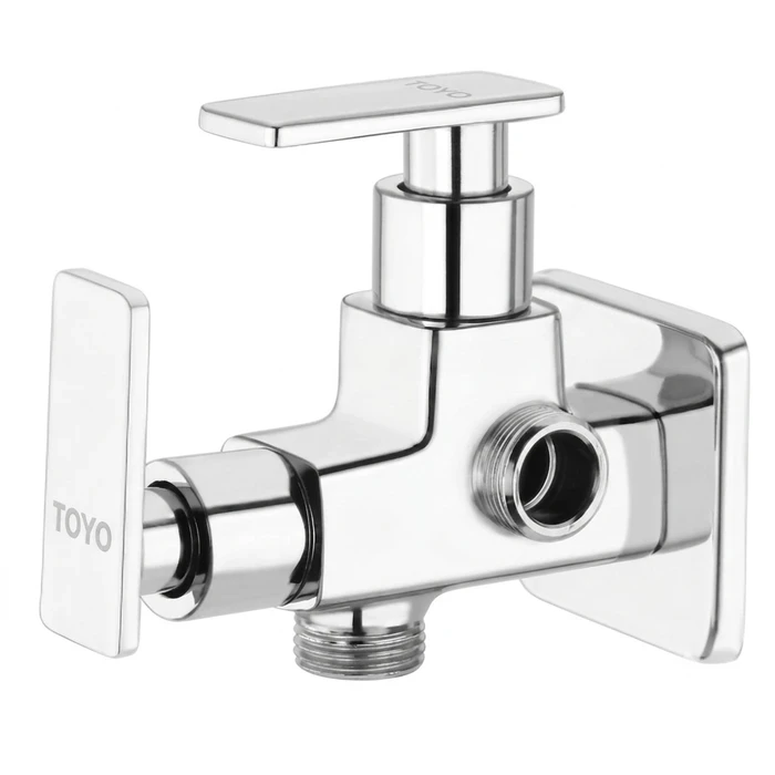TOYO AQ-51905 2 Way Angle Valve | Dual Outlet Utility Shut-Off Design | Toyo Premium Chrome Solid Brass Two-Way Valve with Double Brass Handles & Matching Wall Flange
