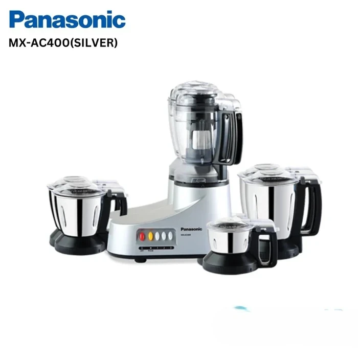 Panasonic 550W / 1000W Super Mixer Grinder with 4 Jars & Juicer | Samurai Edge SS304 Blades 21000 RPM Copper Wound Motor | Double Safety Locking Magic Seal Protection Black/Silver | MX-AC400