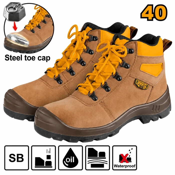 INGCO SB Class Split Leather Safety Boots with Steel Toe Cap | Dual Density PU Anti-Slip Sole Yellow Brown Industrial Protective Footwear Assortment Sizes 40, 41, 42