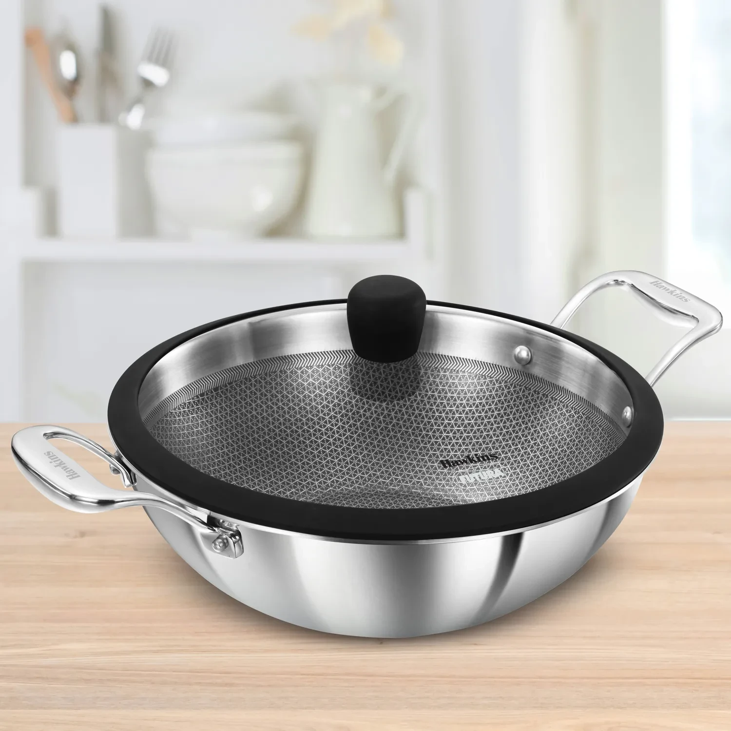 Hawkins Pro 3.5L Honeycomb Nonstick Triply Kadhai with Glass Lid | Extra-Thick 3mm Stainless Steel Even Heat Distribution | Stay-Cool SS Handles Gas & Induction Compatible | PSNK35G