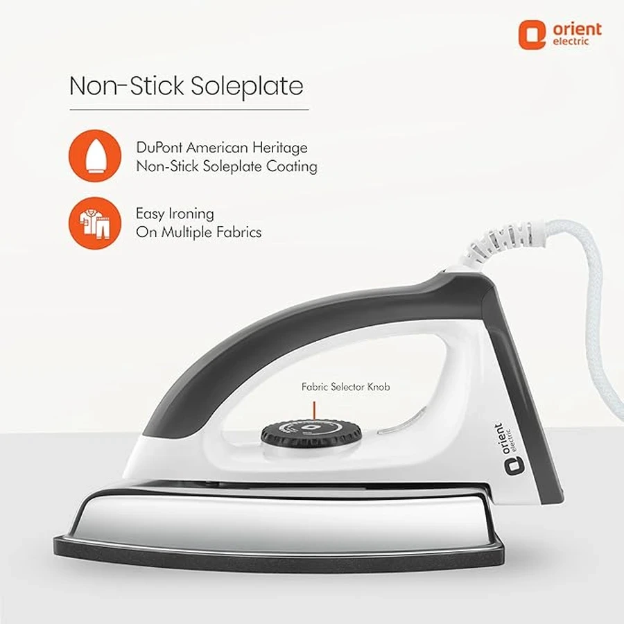 Orient Ultimate Plus Dry Iron 1100W - Heavy Weight Metal Base, Fast Heat-Up, Excellent Wrinkle Removal for All Fabrics (White)