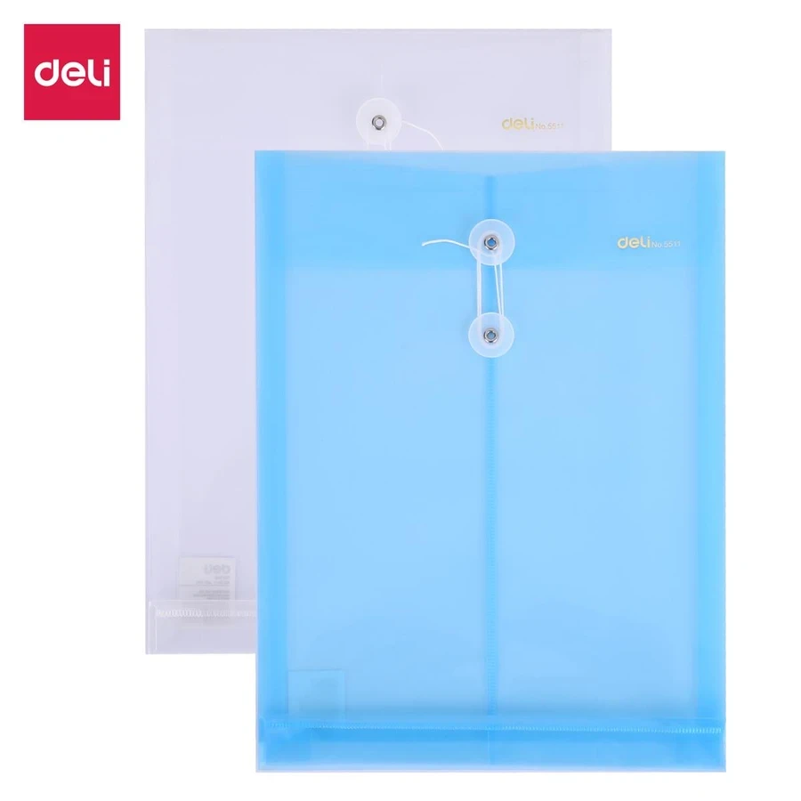 Deli Expandable File Bag (A4) E5511 | 12 - Pack | Vertical, 0.18mm PP Material, Secure String Closure (Translucent Blue/Transparent)