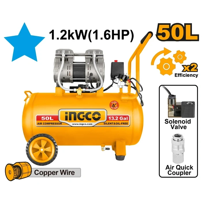 INGCO Oil-Free Air Compressor 50L | 1200W 1.6HP Heavy Duty Copper Wire Motor | Max 8Bar 2850rpm Professional Pneumatic Tool Station | 220-240V Workshop Ready | ACS112501