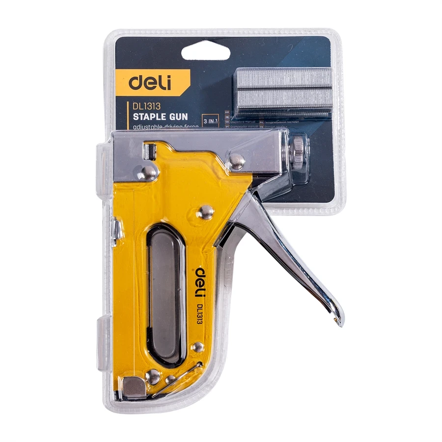 EDL1313 Heavy-Duty 3-in-1 Staple Gun 4mm to 8mm - Full Steel Body, Adjustable Driving Force, Compatible with D-Type, U-Type Staples & Brad Nails (Yellow/Black)