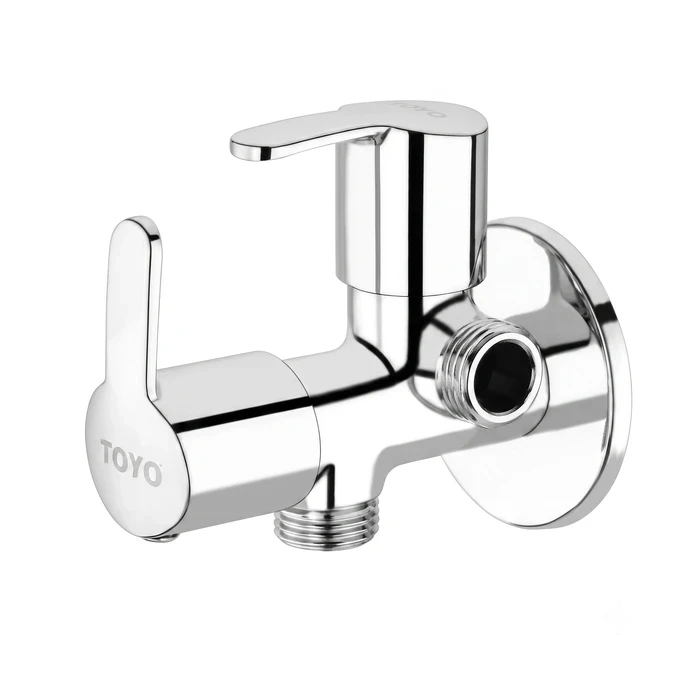 TOYO SA-52205-2 2 Way Angle Valve | Dual Outlet Utility Shut-Off Design | Toyo Premium Chrome Solid Brass Two-Way Valve with Double Operating Handles & Matching Wall Flange
