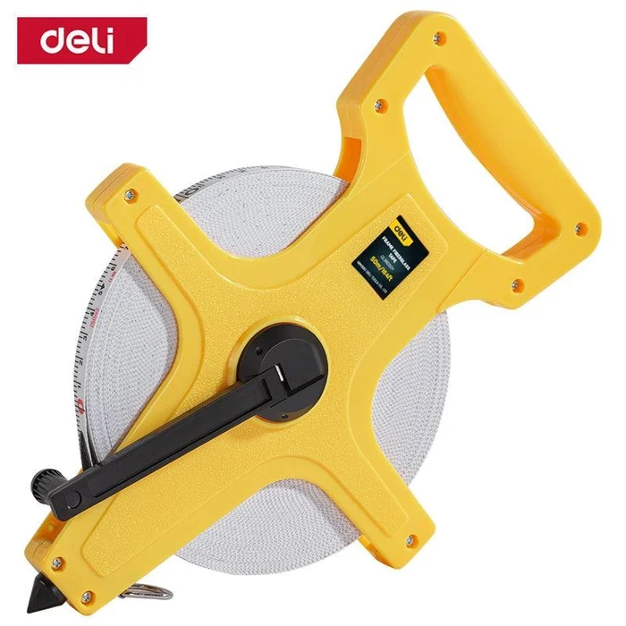 Deli Tools EDL98050Y 50m (164ft) Fiberglass Measuring Tape | Non-Conductive Stretch-Resistant Blade with Open Frame Design & Dual Metric/Imperial Scale