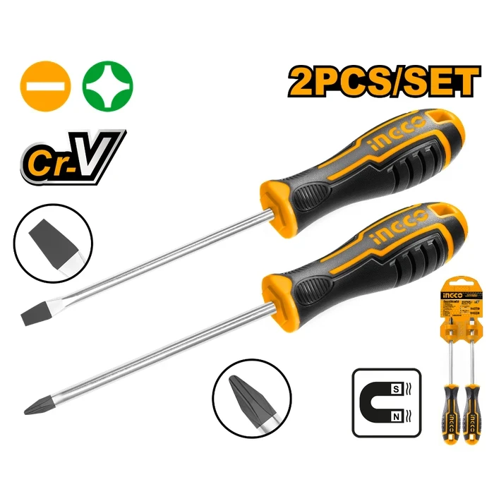 INGCO 2-Piece Screwdriver Set | Premium Chrome Vanadium Steel Round Blades | SL6.5 & PH2 Magnetic Tip Drivers with Ergonomic Soft Grips | HKSD0248
