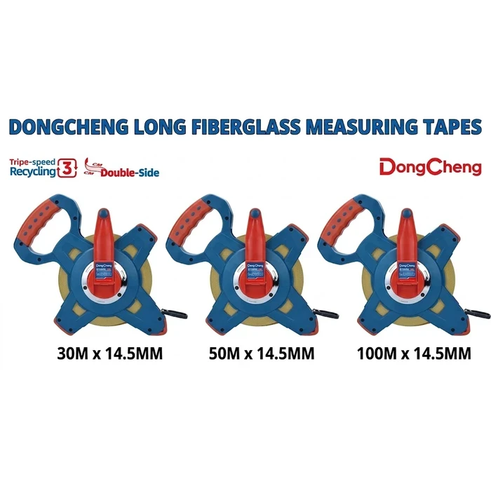 Dongcheng DG Professional Fiberglass Long Measuring Tape Series (30m, 50m, 100m) | 3:1 Fast Rewind 28-Strand 14.5mm Blade with Soft TPR Handle & Metric/Inch Scales | DG Series