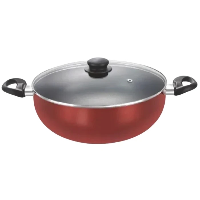 Yasuda 28cm Non-Stick Aluminium Kadai with Tempered Glass Lid | 3L Deep-Well Wok with 2.8mm Heavy Gauge Body | Gas & Induction Compatible Metal Spoon Friendly | YS-KSAL3