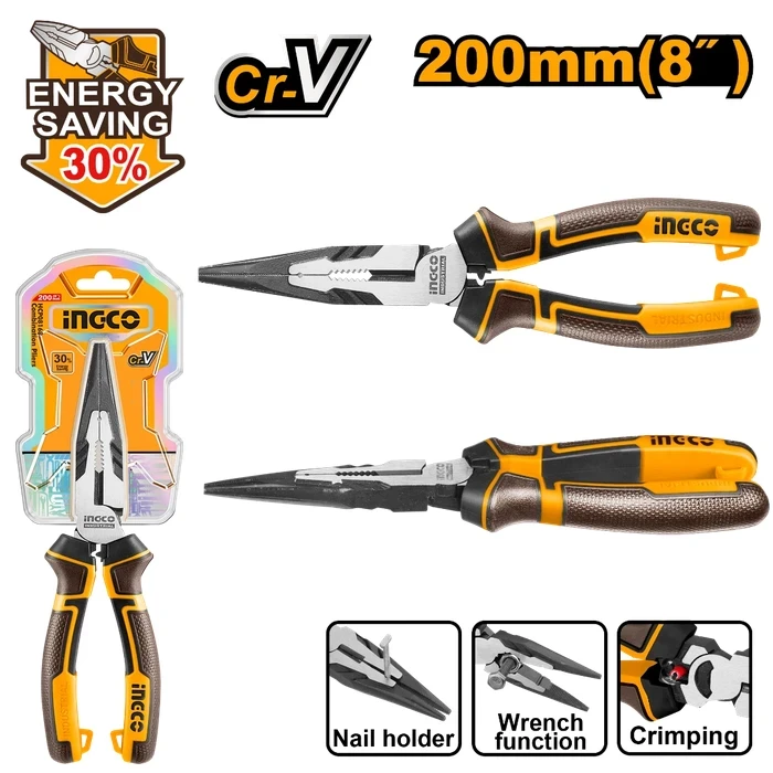 INGCO Professional 8" (200mm) High-Leverage Chrome Vanadium Combination Pliers with Crimper & Spanner | HHCP28200