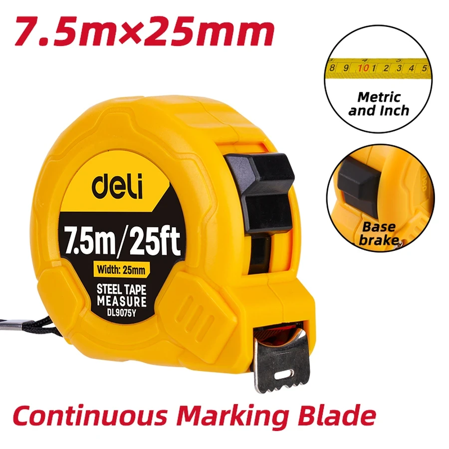 Deli 8m / 26ft x 25mm Professional Steel Measuring Tape | Heavy-Duty Anti-Glare Matte Blade with Mn-Steel Recoil Spring & Zero-Point Hook | EDL9075Y