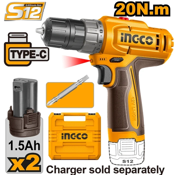 INGCO 12V Cordless Compact Drill Driver | 20Nm 2-Speed Variable Screwdriver with 15+1 Torque Clutch, Dual 1.5Ah USB-C Rechargeable Batteries & 65mm Cr-V Bit | CDLI12206